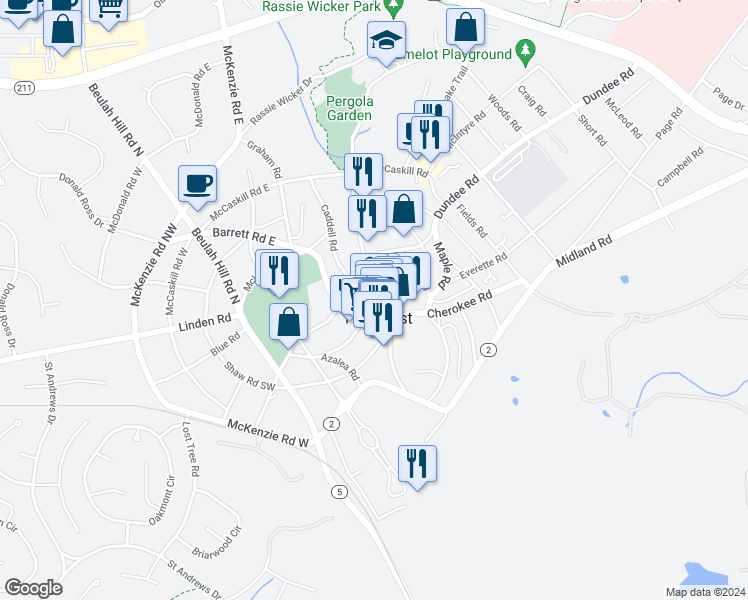 map of restaurants, bars, coffee shops, grocery stores, and more near 120 Magnolia Road in Pinehurst