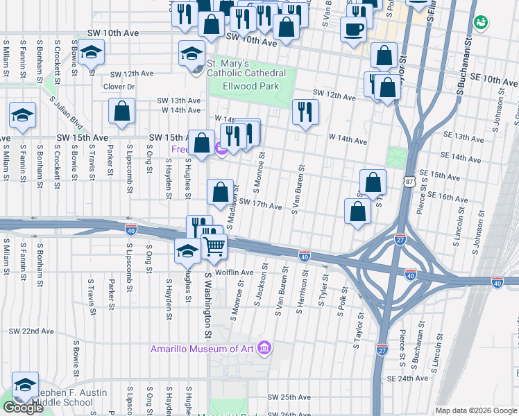 map of restaurants, bars, coffee shops, grocery stores, and more near 1703 South Monroe Street in Amarillo