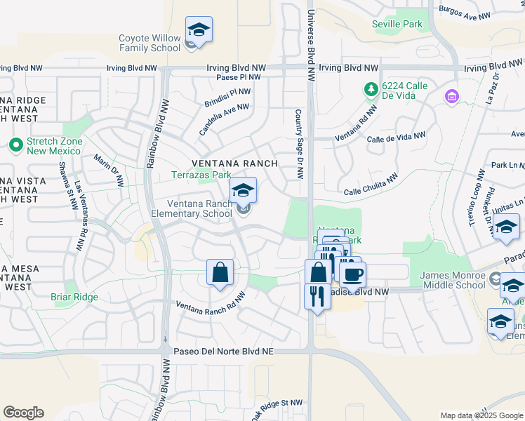 map of restaurants, bars, coffee shops, grocery stores, and more near 6801 Ventana Village Road Northwest in Albuquerque
