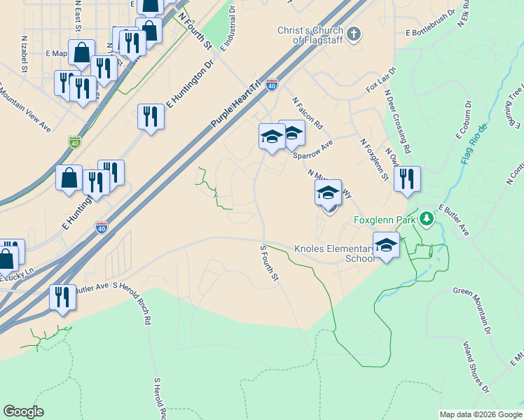 map of restaurants, bars, coffee shops, grocery stores, and more near 1350-1398 North 4th Street in Flagstaff