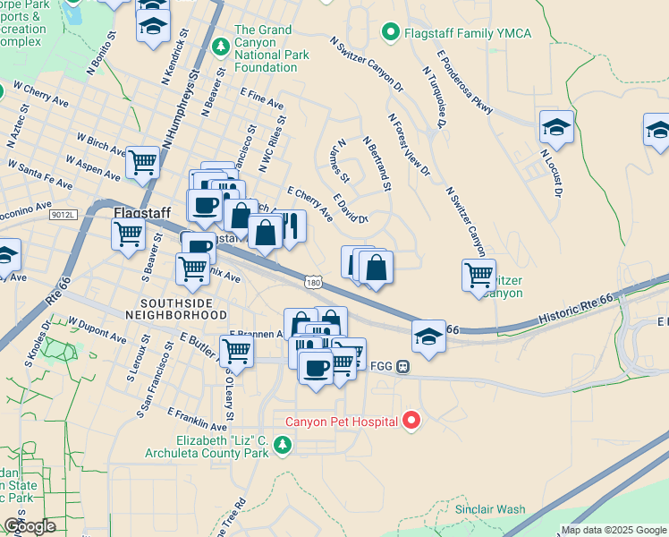 map of restaurants, bars, coffee shops, grocery stores, and more near 4 East Terrace Avenue in Flagstaff