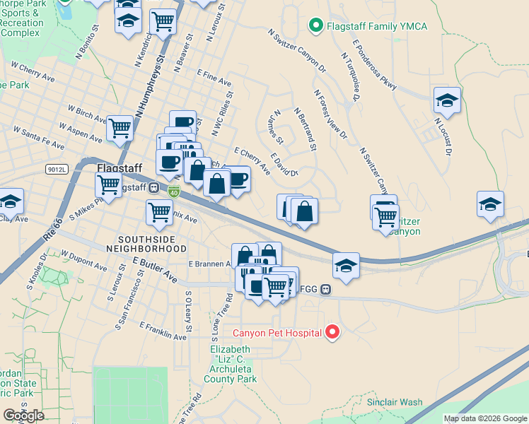 map of restaurants, bars, coffee shops, grocery stores, and more near 4 East Terrace Avenue in Flagstaff