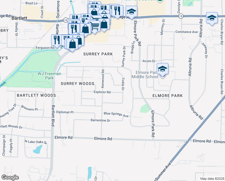map of restaurants, bars, coffee shops, grocery stores, and more near 6086 Explorer Avenue in Memphis