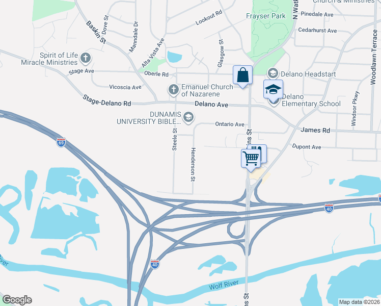 map of restaurants, bars, coffee shops, grocery stores, and more near 2580 Steele Street in Memphis
