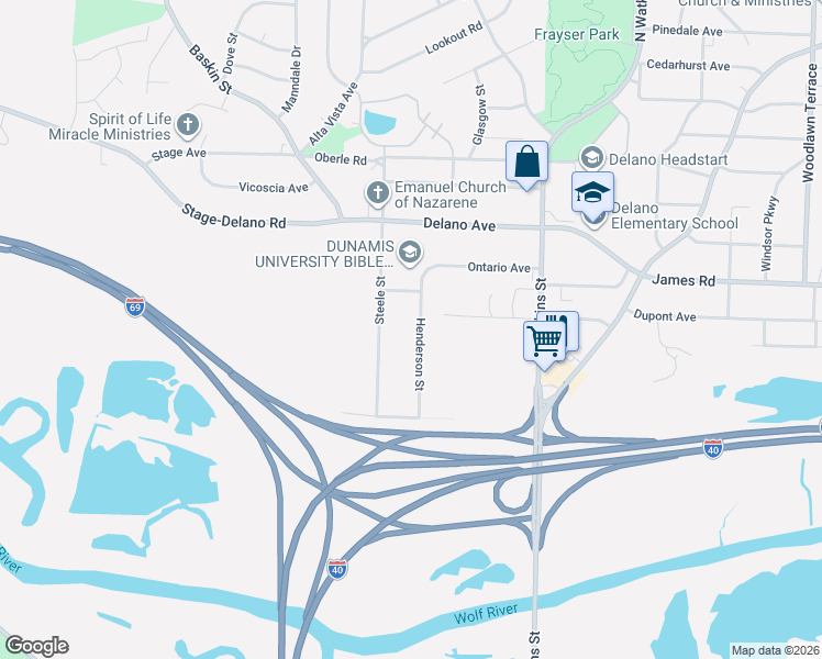 map of restaurants, bars, coffee shops, grocery stores, and more near 2580 Steele Street in Memphis