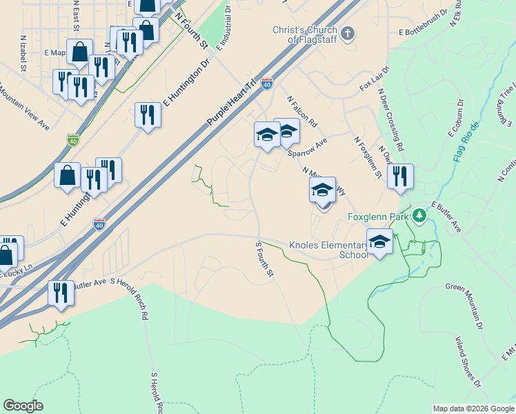 map of restaurants, bars, coffee shops, grocery stores, and more near 1350-1398 North 4th Street in Flagstaff
