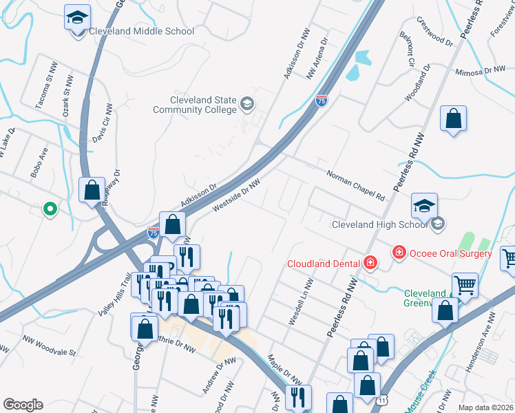 map of restaurants, bars, coffee shops, grocery stores, and more near 3125 Raben Drive in Cleveland