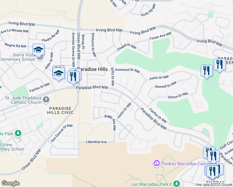 map of restaurants, bars, coffee shops, grocery stores, and more near 5547 Mansfield Place Northwest in Albuquerque