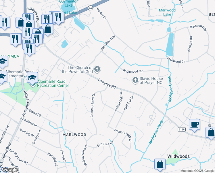 map of restaurants, bars, coffee shops, grocery stores, and more near 5325 Chestnut Lake Drive in Charlotte