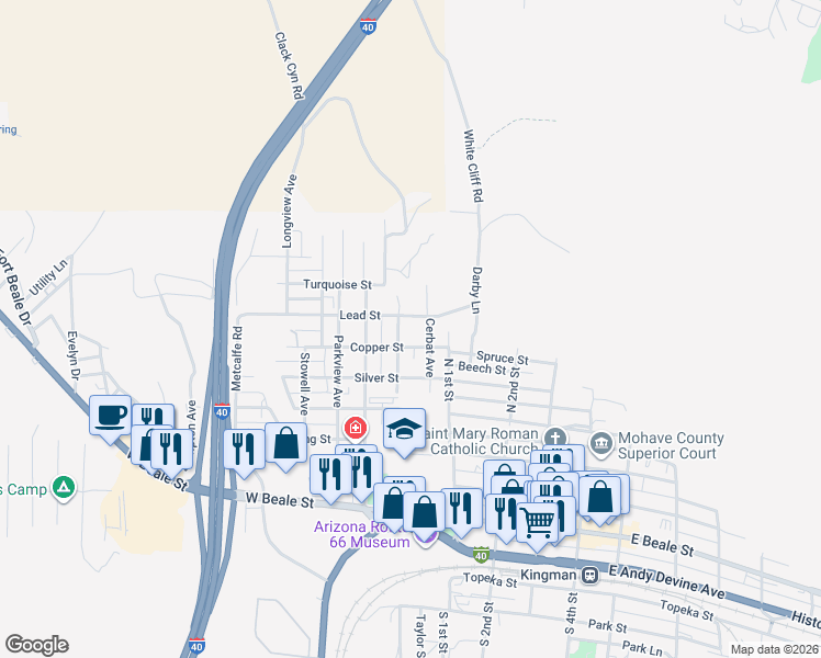 map of restaurants, bars, coffee shops, grocery stores, and more near 814 Stockton Hill Avenue in Kingman