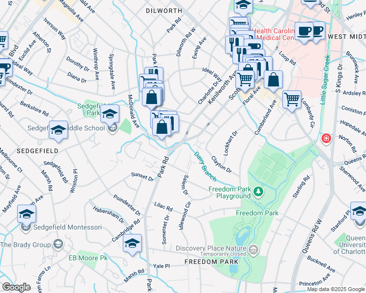 map of restaurants, bars, coffee shops, grocery stores, and more near 2501 Dilworth Heights Lane in Charlotte