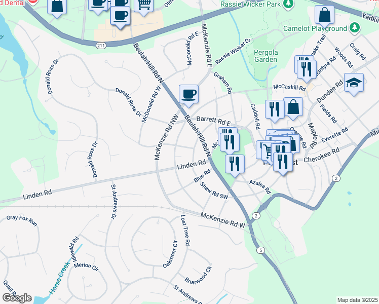 map of restaurants, bars, coffee shops, grocery stores, and more near 25 Shaw Road Southwest in Pinehurst