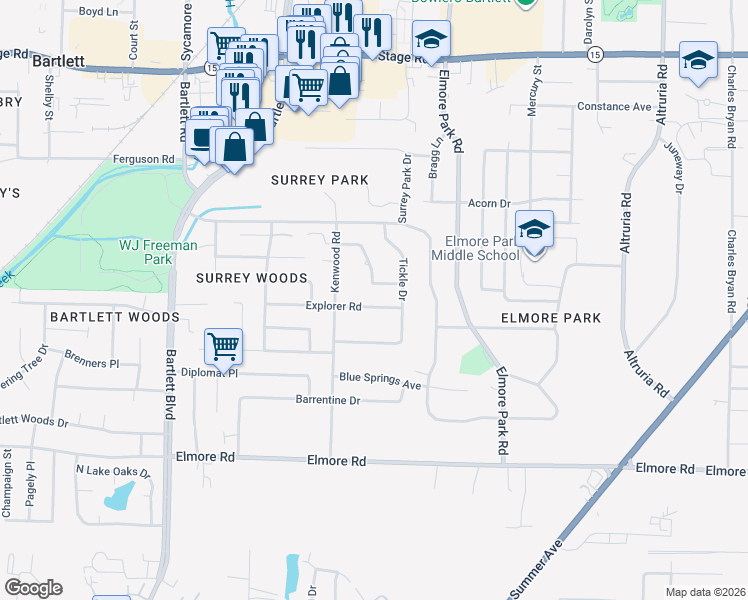 map of restaurants, bars, coffee shops, grocery stores, and more near 6086 Explorer Avenue in Memphis