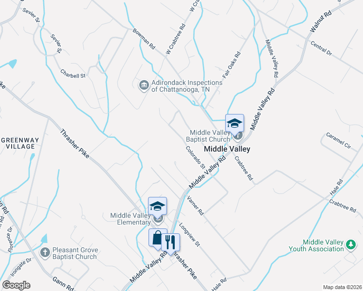 map of restaurants, bars, coffee shops, grocery stores, and more near 1633 Colorado Street in Middle Valley