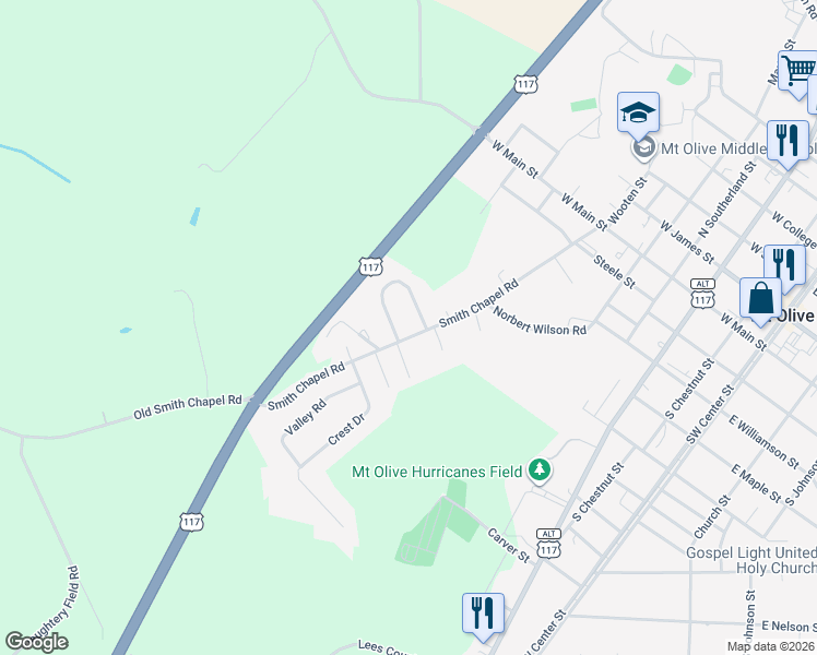 map of restaurants, bars, coffee shops, grocery stores, and more near 400 Smith Chapel Road in Mount Olive