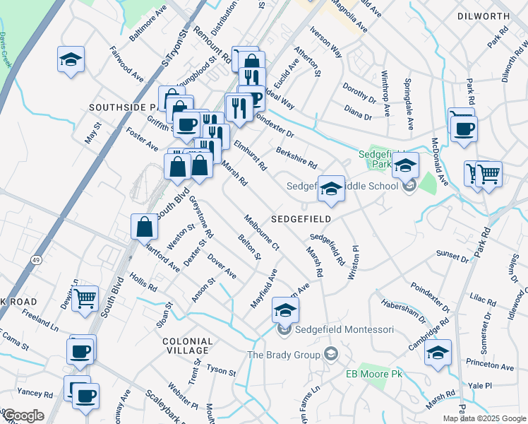 map of restaurants, bars, coffee shops, grocery stores, and more near 426 Marsh Rd in Charlotte
