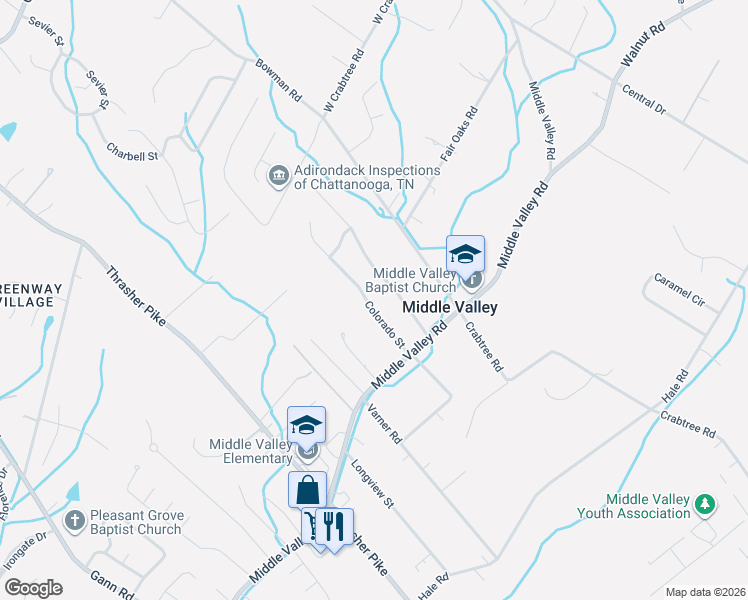 map of restaurants, bars, coffee shops, grocery stores, and more near 1633 Colorado Street in Middle Valley