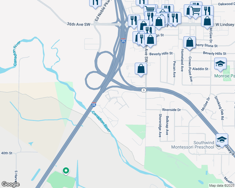 map of restaurants, bars, coffee shops, grocery stores, and more near 2681 Jefferson Street in Norman
