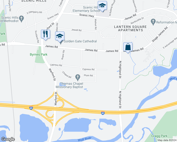 map of restaurants, bars, coffee shops, grocery stores, and more near 3395 Cypress Road in Memphis