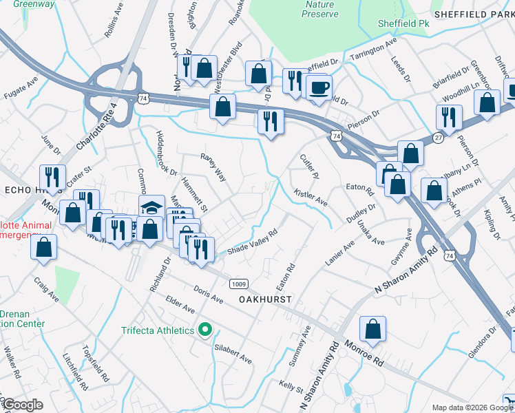 map of restaurants, bars, coffee shops, grocery stores, and more near 1636 Chippendale Road in Charlotte