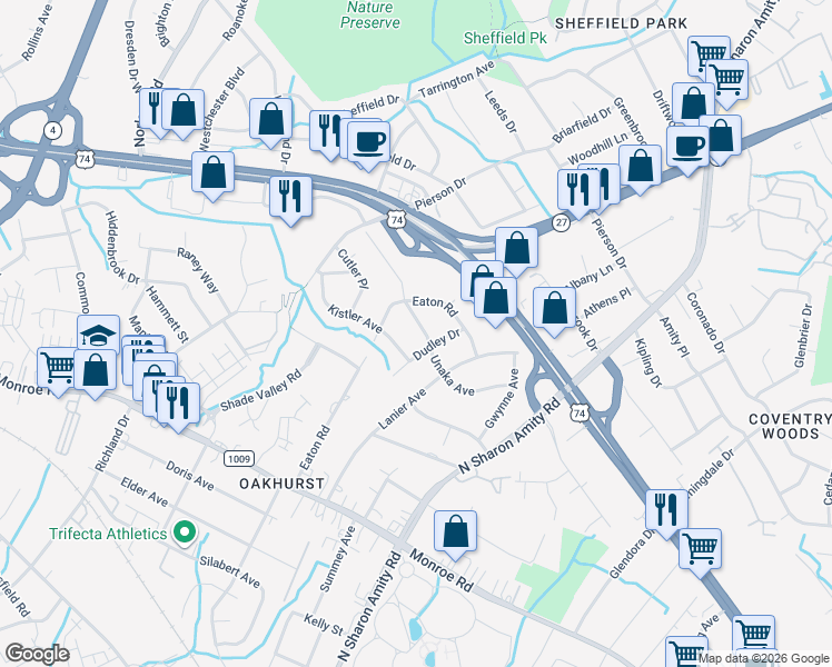 map of restaurants, bars, coffee shops, grocery stores, and more near 5132 Unaka Ave in Charlotte