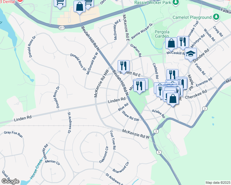 map of restaurants, bars, coffee shops, grocery stores, and more near 25 Shaw Road Southwest in Pinehurst