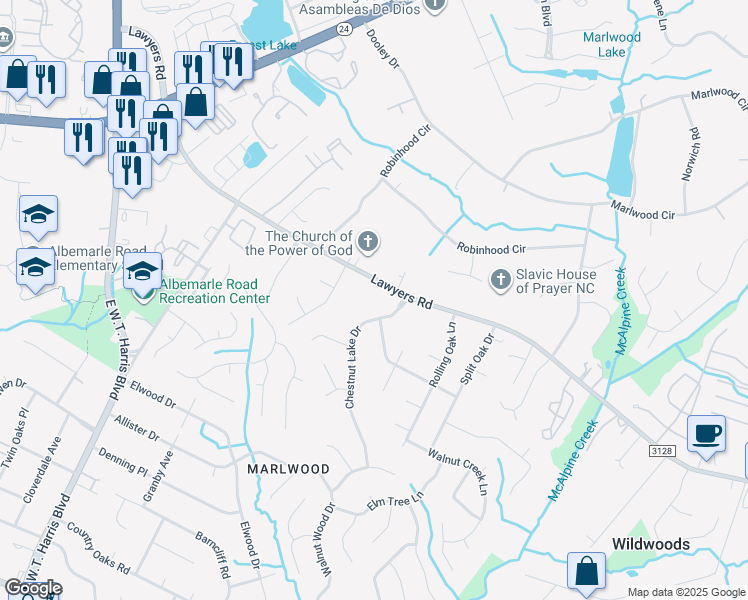 map of restaurants, bars, coffee shops, grocery stores, and more near 7700 Lawyers Road in Charlotte