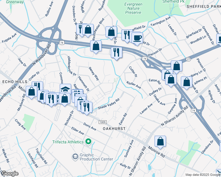map of restaurants, bars, coffee shops, grocery stores, and more near 1636 Chippendale Road in Charlotte