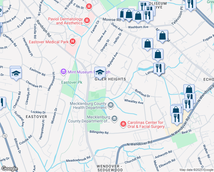 map of restaurants, bars, coffee shops, grocery stores, and more near 3115 Leroy Street in Charlotte