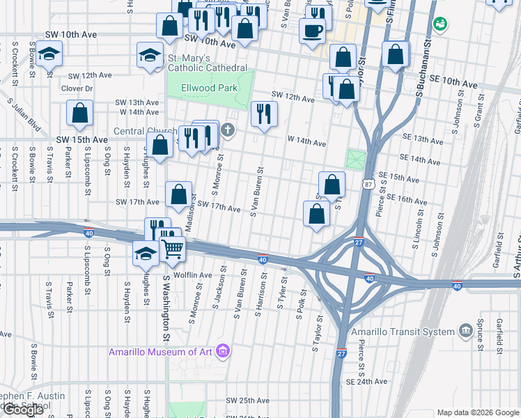 map of restaurants, bars, coffee shops, grocery stores, and more near 313 Southwest 17th Avenue in Amarillo