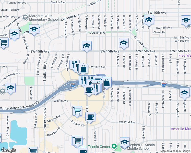 map of restaurants, bars, coffee shops, grocery stores, and more near 1601 South Bryan Street in Amarillo