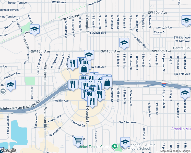 map of restaurants, bars, coffee shops, grocery stores, and more near 1601 South Bryan Street in Amarillo