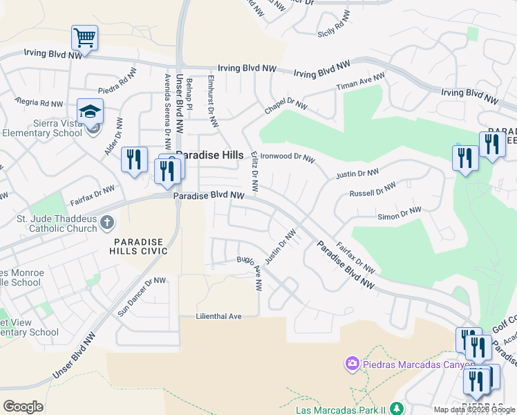 map of restaurants, bars, coffee shops, grocery stores, and more near 5547 Mansfield Place Northwest in Albuquerque