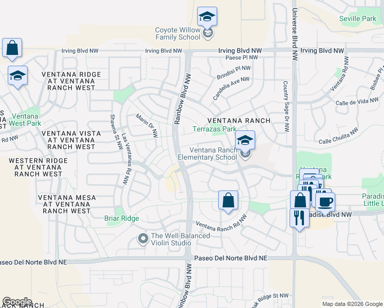 map of restaurants, bars, coffee shops, grocery stores, and more near 7024 Luz Del Sol Place Northwest in Albuquerque