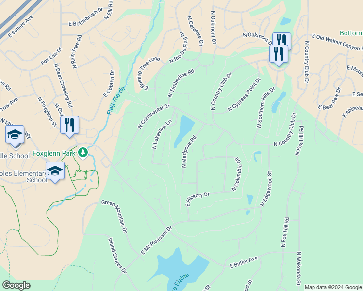 map of restaurants, bars, coffee shops, grocery stores, and more near 1627 North Mariposa Road in Flagstaff