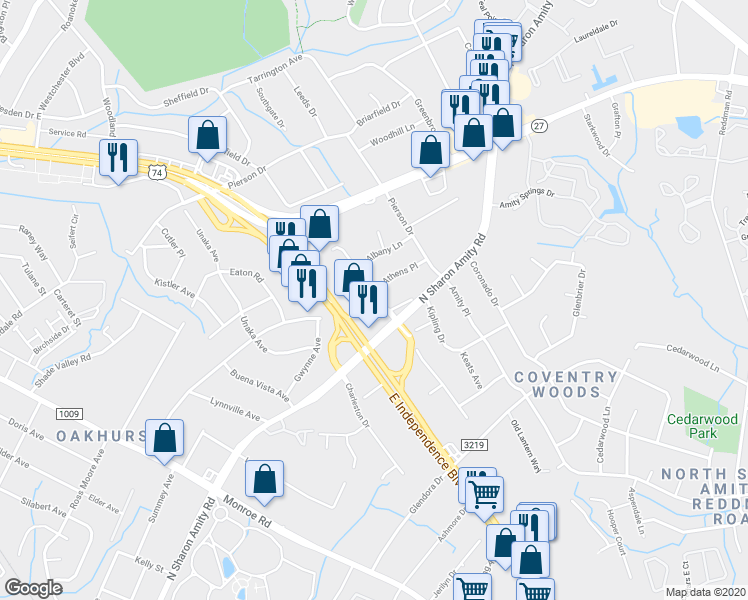 map of restaurants, bars, coffee shops, grocery stores, and more near 2619 North Sharon Amity Road in Charlotte