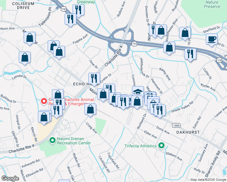 map of restaurants, bars, coffee shops, grocery stores, and more near in Charlotte