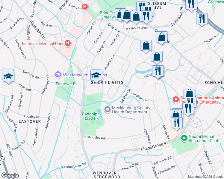 map of restaurants, bars, coffee shops, grocery stores, and more near in Charlotte