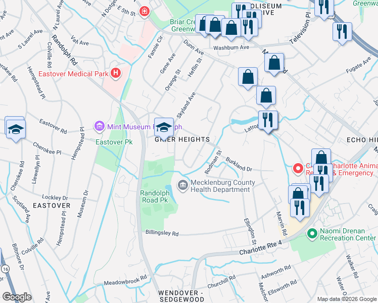 map of restaurants, bars, coffee shops, grocery stores, and more near in Charlotte