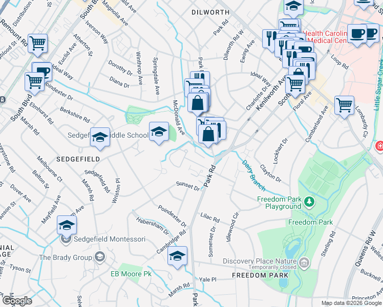 map of restaurants, bars, coffee shops, grocery stores, and more near in Charlotte