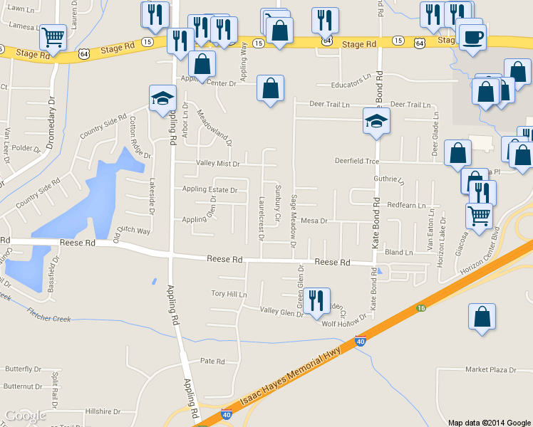 map of restaurants, bars, coffee shops, grocery stores, and more near 2579 Laurelcrest Drive in Memphis