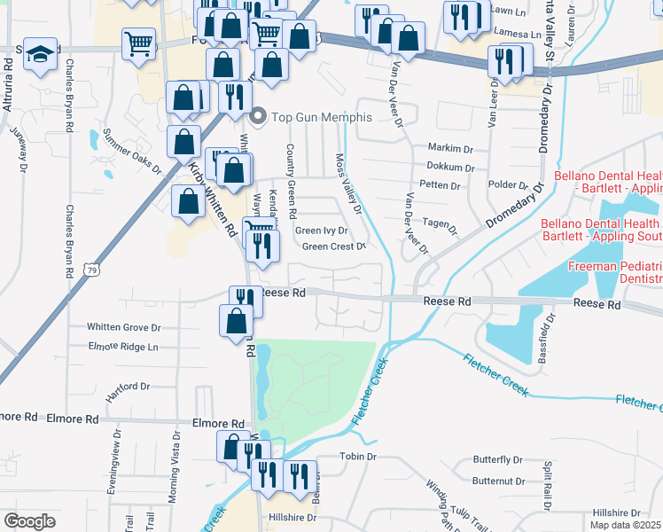 map of restaurants, bars, coffee shops, grocery stores, and more near 6920 Reese Road in Memphis
