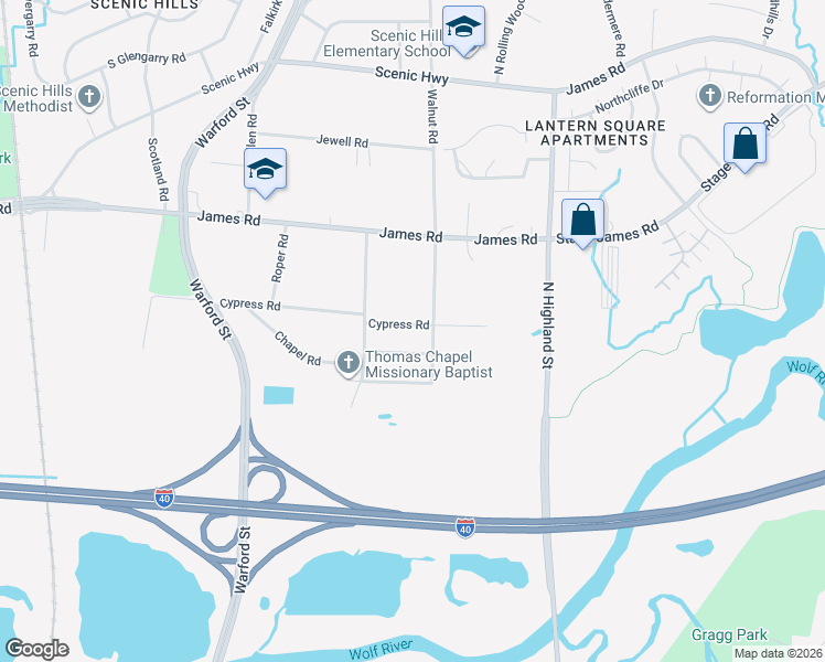 map of restaurants, bars, coffee shops, grocery stores, and more near 3395 Cypress Road in Memphis