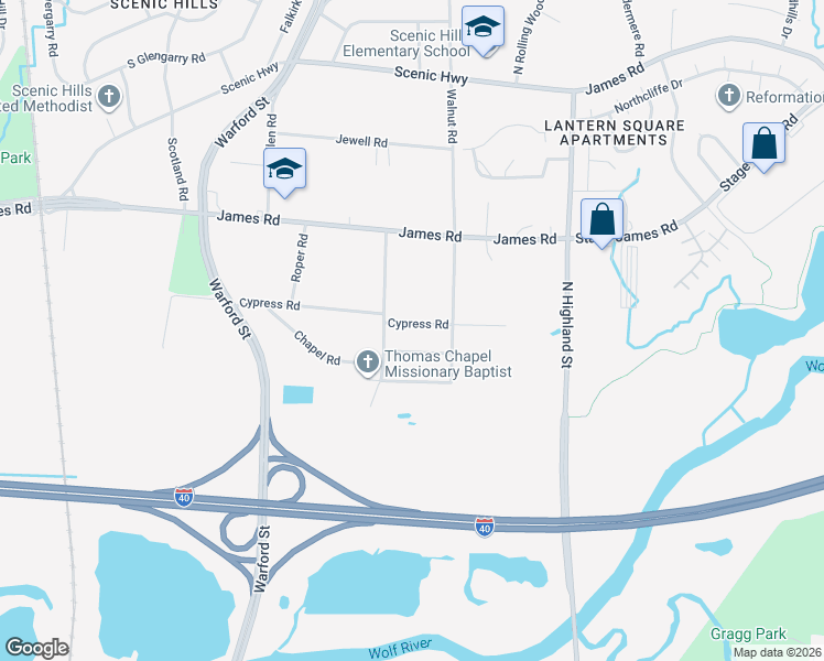 map of restaurants, bars, coffee shops, grocery stores, and more near 3395 Cypress Road in Memphis