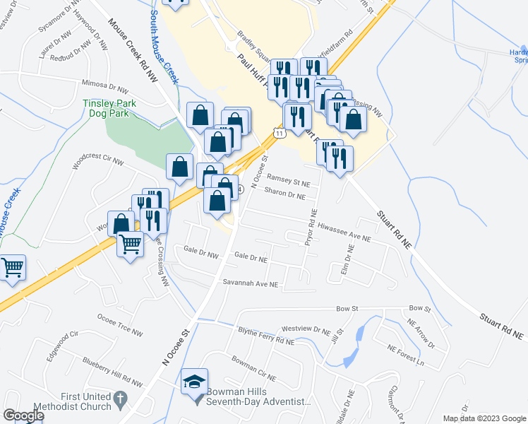 map of restaurants, bars, coffee shops, grocery stores, and more near 125 Hiwassee Avenue Northeast in Cleveland