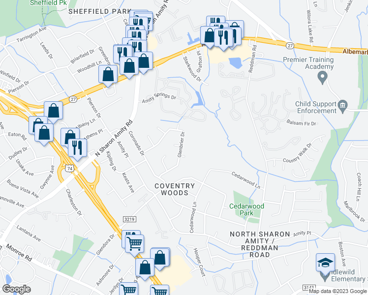 map of restaurants, bars, coffee shops, grocery stores, and more near 5243 Glenbrier Drive in Charlotte