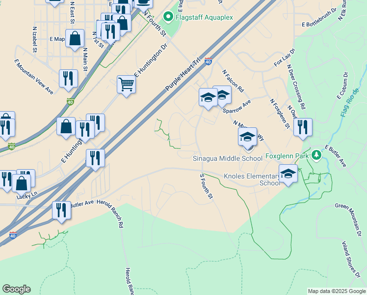 map of restaurants, bars, coffee shops, grocery stores, and more near 1100 North Flowing Springs Trail in Flagstaff