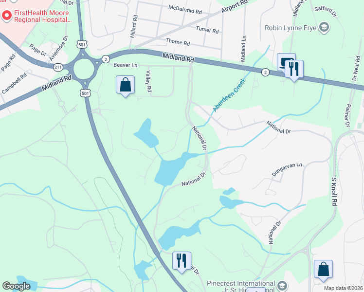 map of restaurants, bars, coffee shops, grocery stores, and more near 45 Woodenbridge Lane in Pinehurst