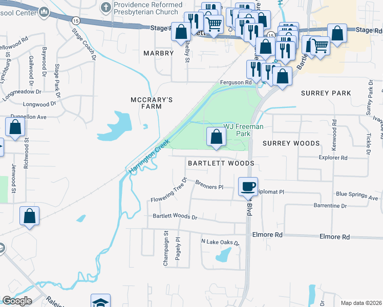 map of restaurants, bars, coffee shops, grocery stores, and more near 5681 Magnolia Woods Drive in Bartlett