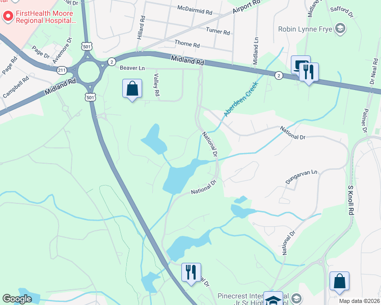 map of restaurants, bars, coffee shops, grocery stores, and more near 45 Woodenbridge Ln in Pinehurst